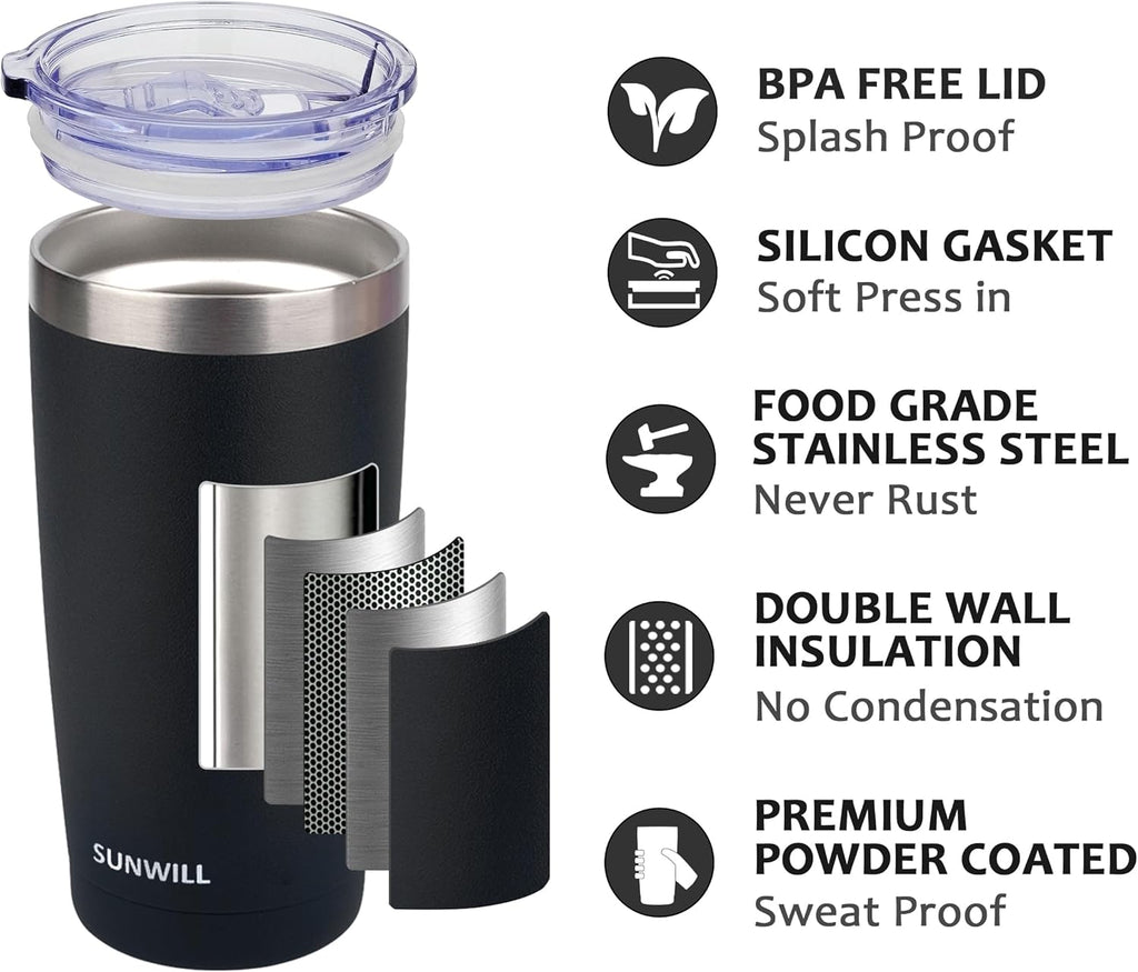 SUNWILL Travel Coffee Mug with Lid, 20 oz Tumbler Set of 2, Insulated Stainless Steel Cup for Water, Tea, Ice, Powder Coated Black 2 pack