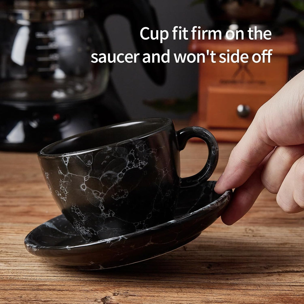 SIDUCAL Espresso Cups Set of 4,6 Ounce Ceramic Coffee Cups with Saucers,Porcelain Double Espresso Cup Set,Gift Box for Boyfriend Gift(Black)