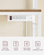 VASAGLE Hutch Bakers Rack with Power Outlet, 14 Hooks Microwave Stand, Adjustable Coffee Bar with Metal Wire Panel, Kitchen Storage Shelf, 15.7 x 31.5 x 66.9 Inches, Rustic Walnut and White UKKS025W41