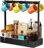 Coffee Mug Holder with Movable Hooks, 6-Mug Capacity Countertop Coffee Cup Rack with Storage Base