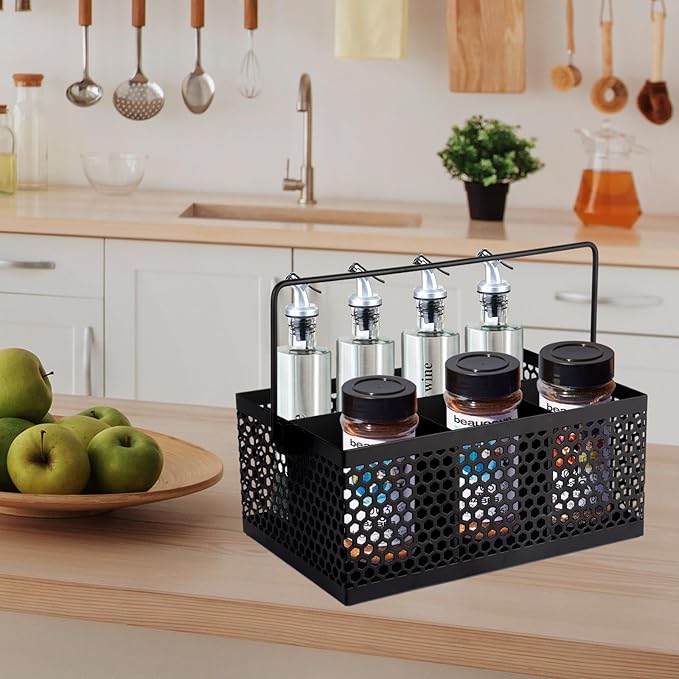 Utensil Caddy With Handle - Silverware and Napkin Holder for Party, Picnic, Countertop, Camping - Metal Cutlery Organizer in Black