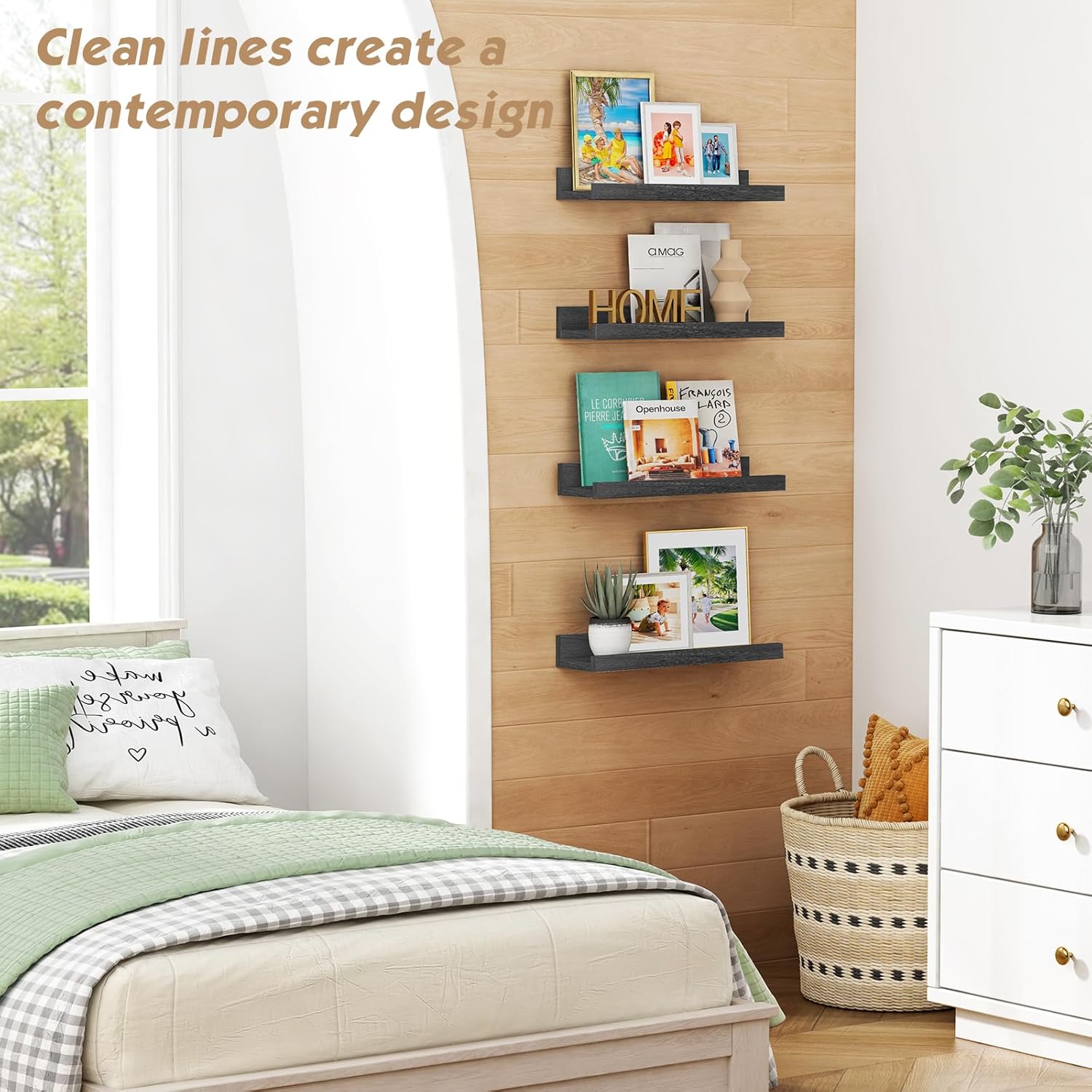 Forbena Black Picture Ledge Shelf, Floating Shelves with Lip for Wall, Small Wall Shelves for Bathroom Bedroom Kitchen Office Living Room Books, Art Pictures, Photo Frame, Plants (4-Pack, Real Wood)