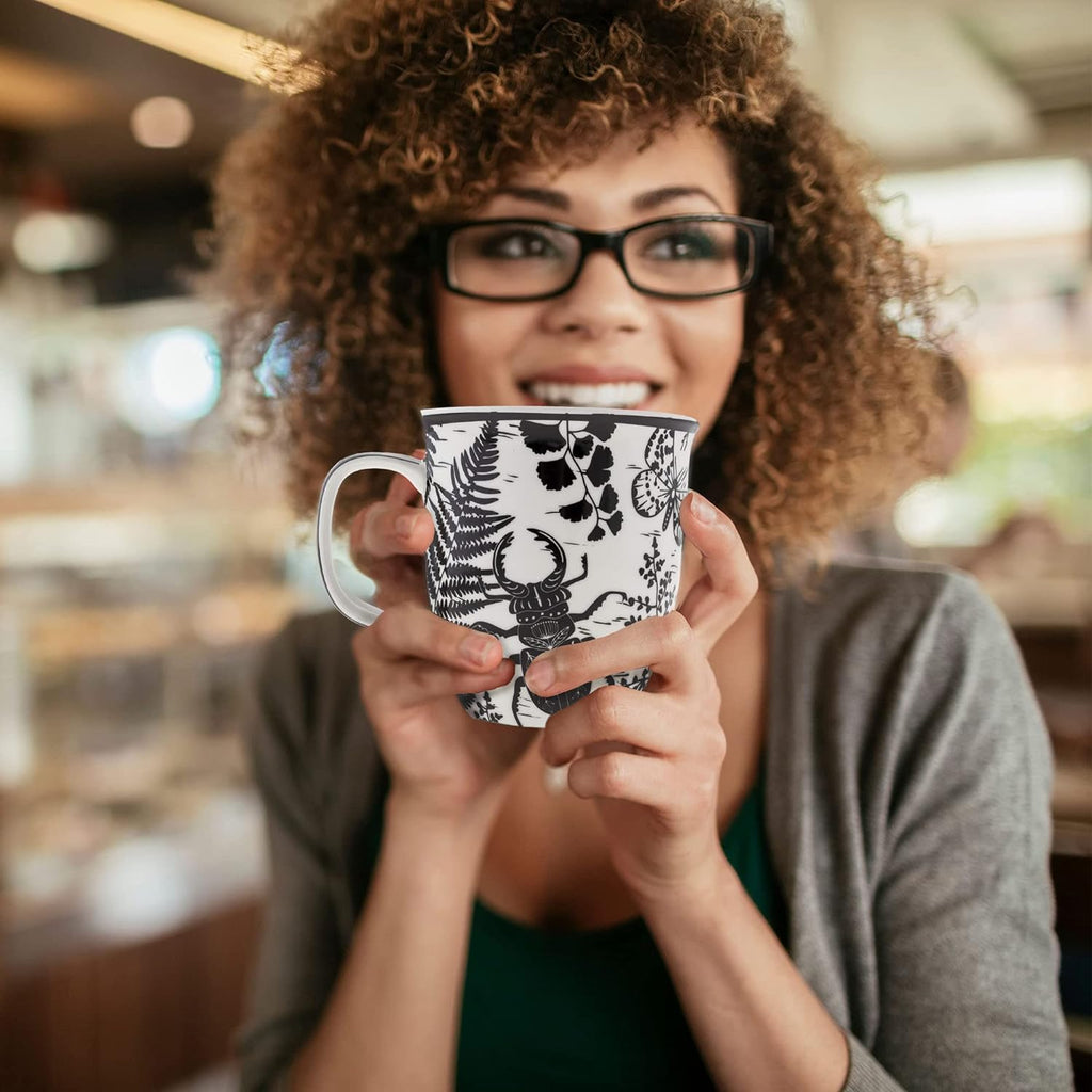 Karma Gifts 16 oz Black and White Boho Mug Beetle - Cute Coffee and Tea Mug - Ceramic Coffee Mugs for Women and Men