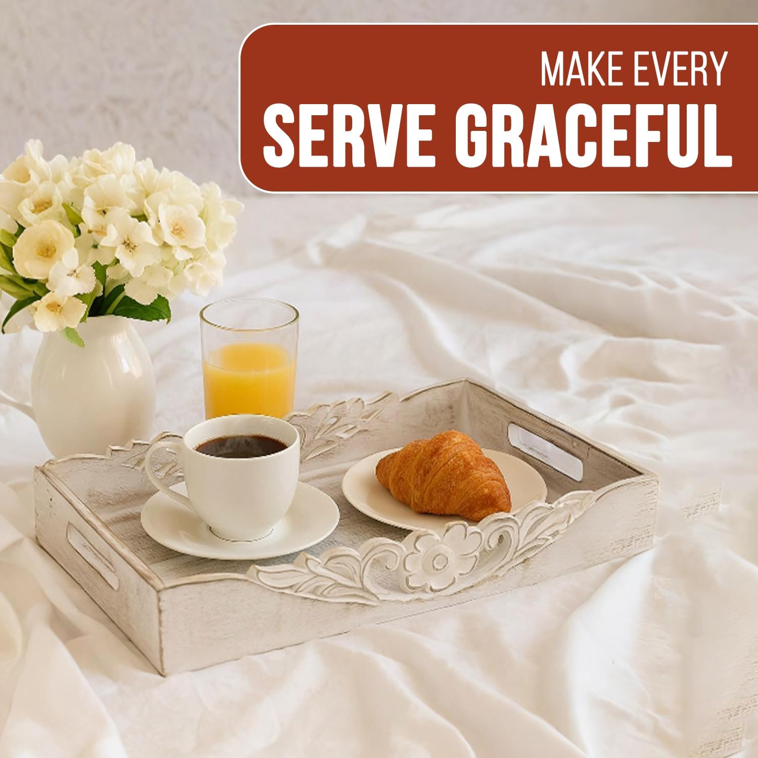 Mela Artisans Distressed White Wooden Decorative Tray with Handles | 16x12x2.5 Mango Wood Ottoman Tray | for Kitchen Countertop | Coffee Table | Snacks | Desserts | Breads | Bedroom Decor