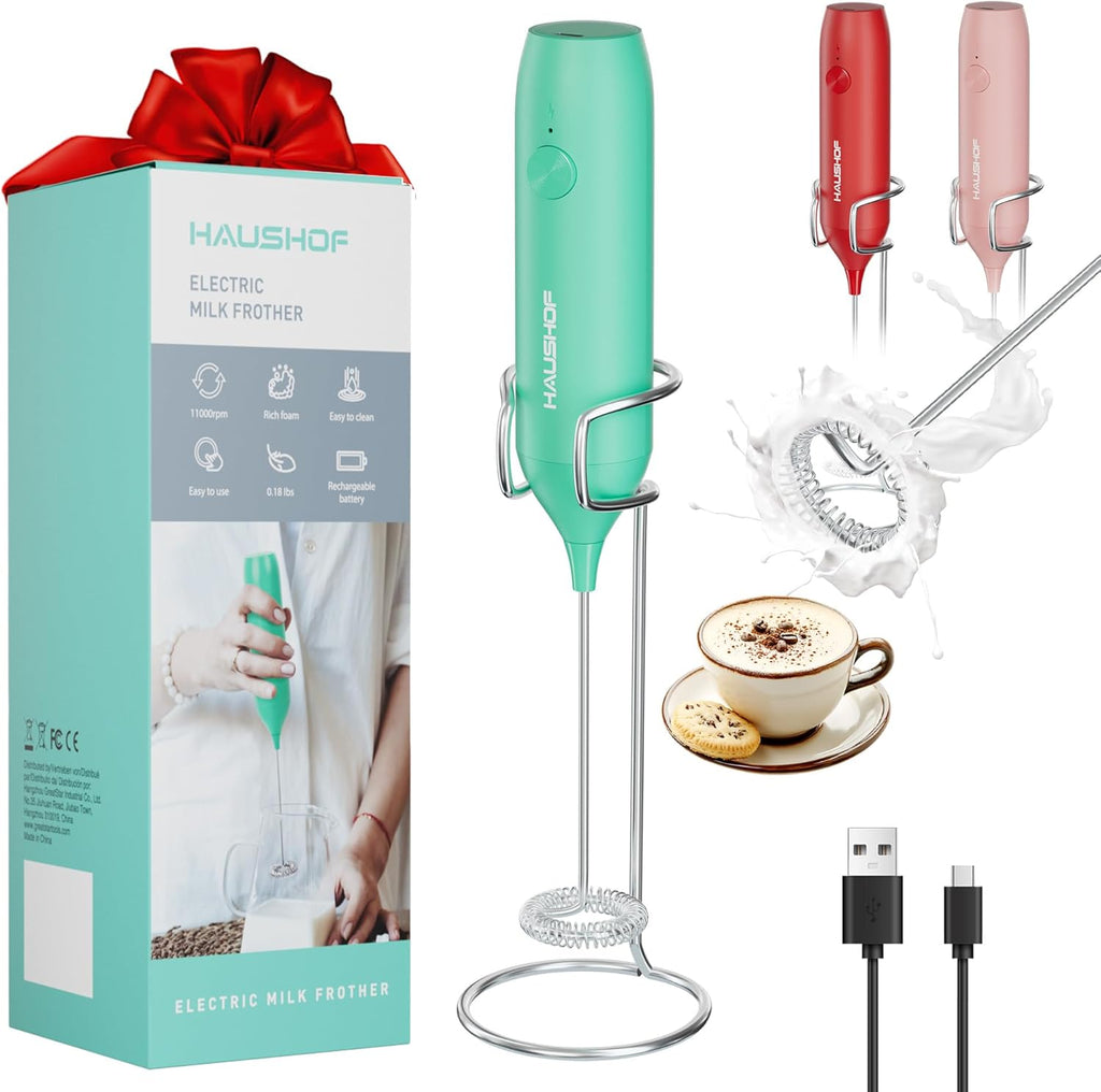 HAUSHOF Powerful Rechargeable Milk Frother Wand with Stand, Handheld Electric Foam Maker, Drink Mixer with Detachable Stainless Steel Whisk for Coffee Latte, Cappuccino, Matcha, Green