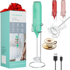 HAUSHOF Powerful Rechargeable Milk Frother Wand with Stand, Handheld Electric Foam Maker, Drink Mixer with Detachable Stainless Steel Whisk for Coffee Latte, Cappuccino, Matcha, Green