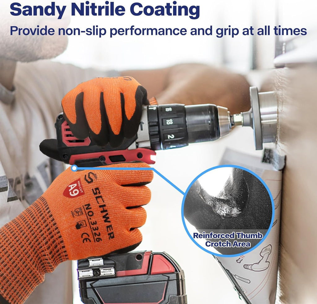 Schwer ProGuard Highest Level Cut Resistant Work Gloves PR3326 for Extreme Protection, ANSI A9 Cut Gloves with Reinforced Thumb, Non Slip, Breathable, Cooling, Durable, Touch-screen, Orange 2 Pairs（S）