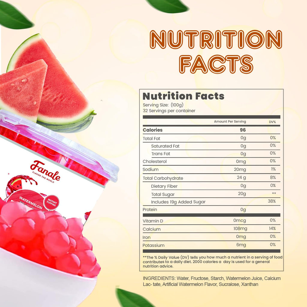 Fanale Watermelon Popping Boba Pearls, Vegan, Non GMO, Gluten Free, Fat Free, Perfect for Bubble Tea, Smoothies, Ice Cream, Desserts, and Beverages.
