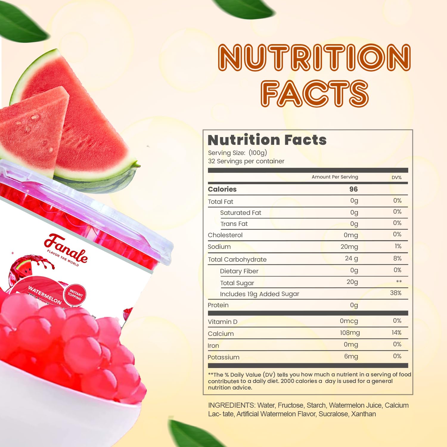 Fanale Watermelon Popping Boba Pearls, Vegan, Non GMO, Gluten Free, Fat Free, Perfect for Bubble Tea, Smoothies, Ice Cream, Desserts, and Beverages.