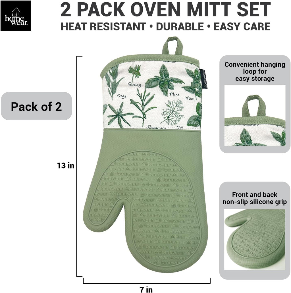 Delaney Silicone Oven Mitts Set - Extra Long, Heat Resistant Kitchen Gloves, Non-Slip Holders for BBQ, Baking, Cooking Essentials, Sage & Herbs, Kitchen Decor, Oven Gloves, New Home Gifts