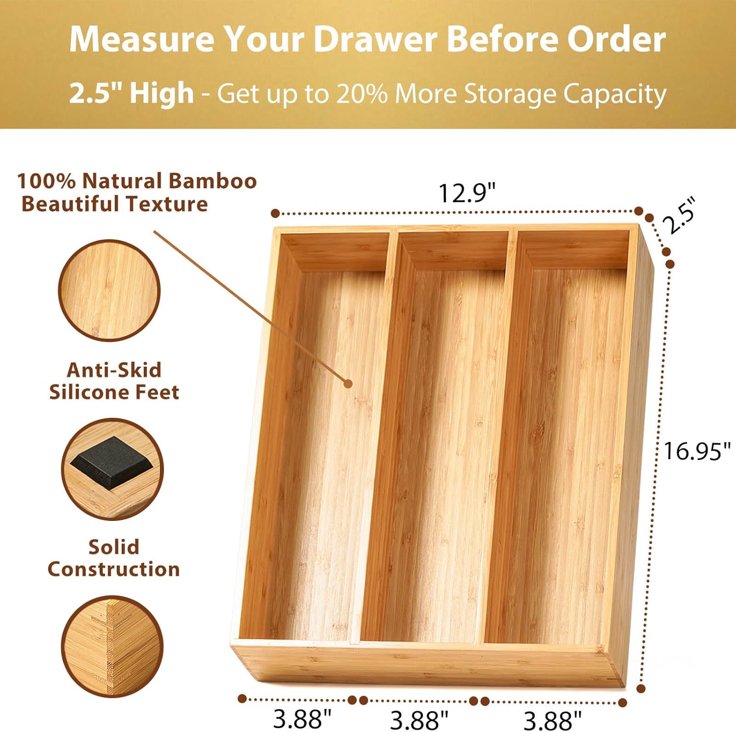 Umilife Bamboo Kitchen Utensils Organizer, 13 Inch Drawer Dividers for Silverware, Extra Deep Holder, with Non-Slip Feet, Wood Caddy for Flatware Cutlery