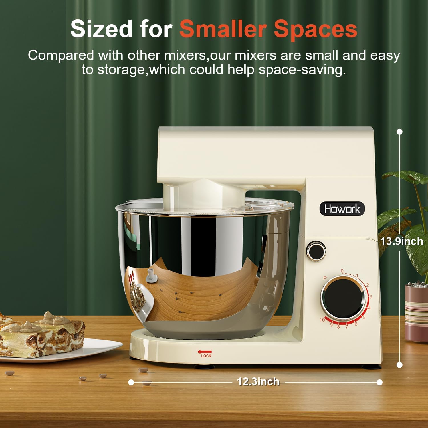 HOWORK Stand Mixer,10+p Speeds With 5.5QT Stainless Steel Bowl,Dough Hook, Wire Whip & Beater,for Most Home Cooks,Cream White