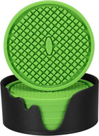 ME.FAN Silicone Coasters [6 Pack] Thickened Drink Coasters with Holder - Cup Mat - Non-Slip, Non-stick, Stay Put, Deep Tray - Prevents Furniture and Tabletop Damages(Green)