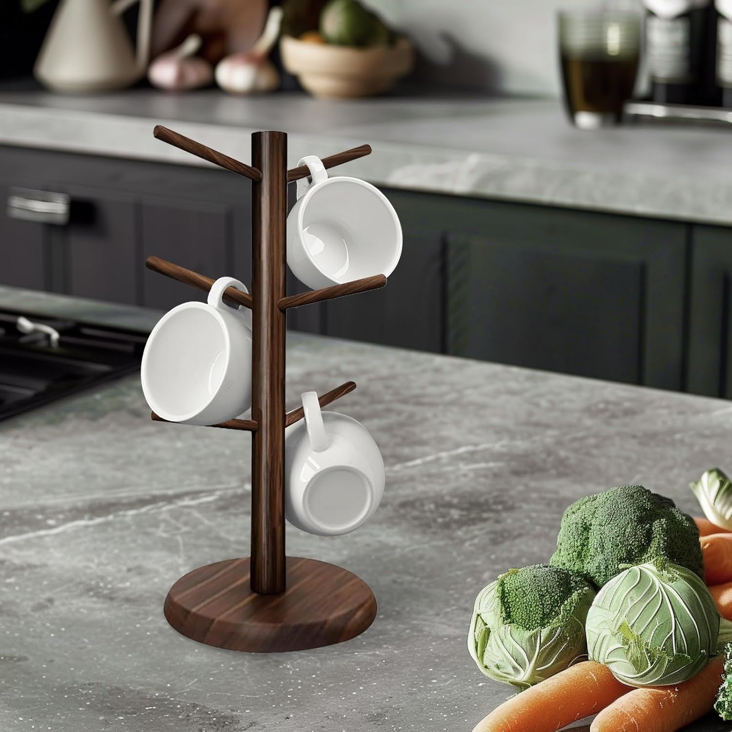 Wooden Mug Holder Tree, Coffee Cup Holder, Mug Organizer with 6 Hooks (Burnt)