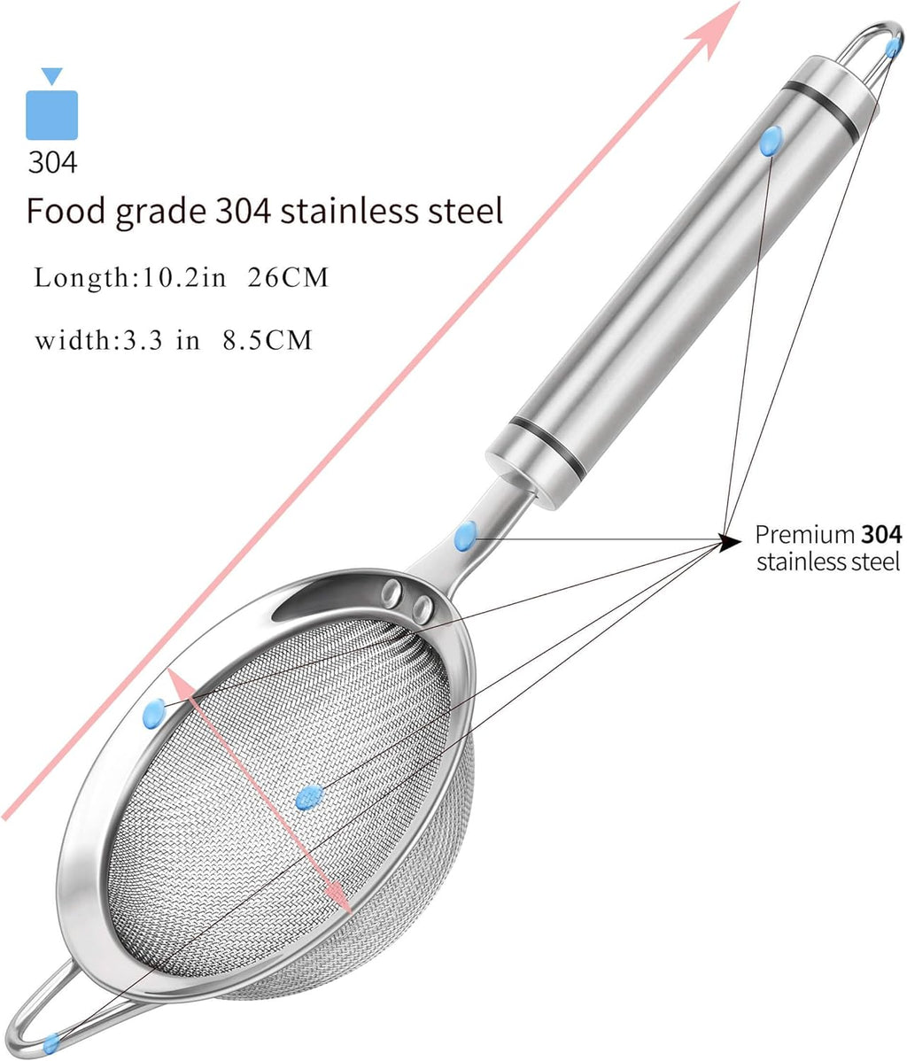 304 Stainless Steel Fine Mesh Strainers for Kitchen, Colander-Skimmer with Handle, Sieve Sifters for Food, Tea, Rice, Oil, Noodles, Fruits, Vegetable