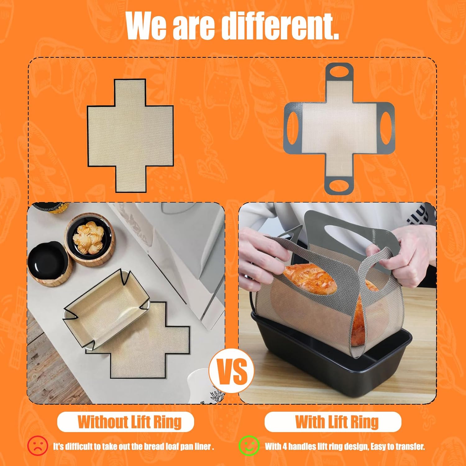 Reusable Silicone Bread Loaf Pan Liner, Food-Grade Silicone Bread Sling, Sourdough Bread Baking Mat, Non-Stick &Easy Clean Dough Transfer Tool, Fits 9x5" or 1.5lb Loaf Pans, Grey & Orange, 2PCS