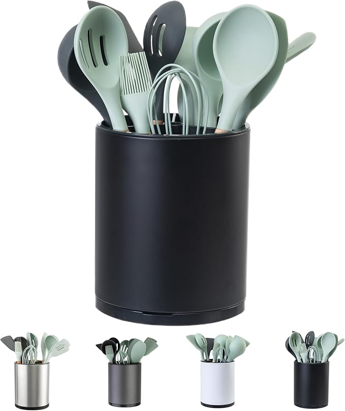 Kitchen Utensil Holder Extra Large 360°Rotating For Counter Organizer Stainless Steel Storage Cooking Silverware Caddy 3 Compartment Flatware Spoon Spatula Tool Cutlery Container（Black）