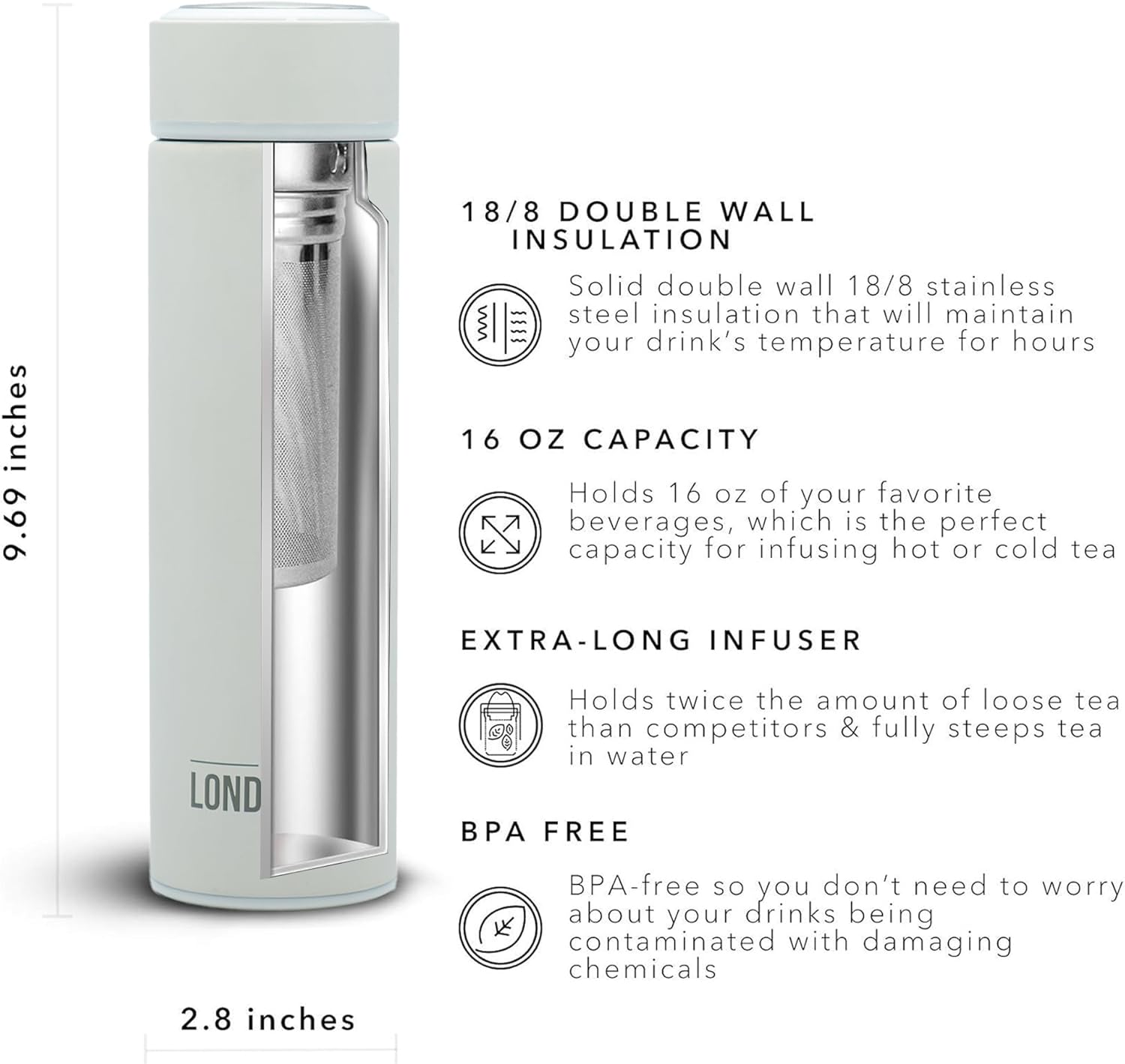 London Sip 16.9 oz Multi-Purpose Tea Infuser Mug – Fruit Infuser Water Bottle for Hot and Cold – Double Wall Stainless Steel Insulated, Pearl White