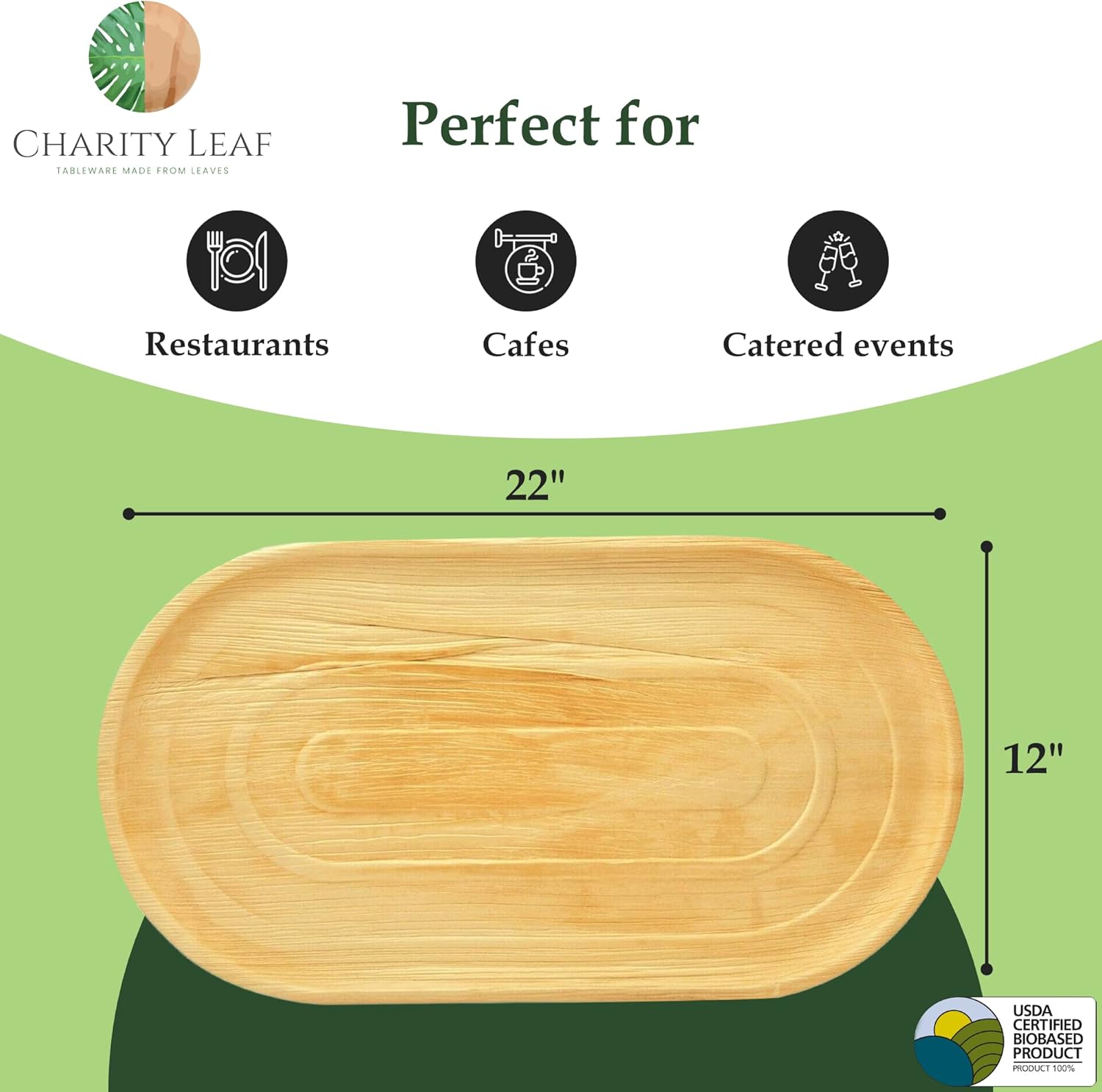 Charity Leaf 50-Pack 22"x12" Palm Leaf Trays | Eco-Friendly, Compostable Platters for Weddings, Charcuterie Boards & Events