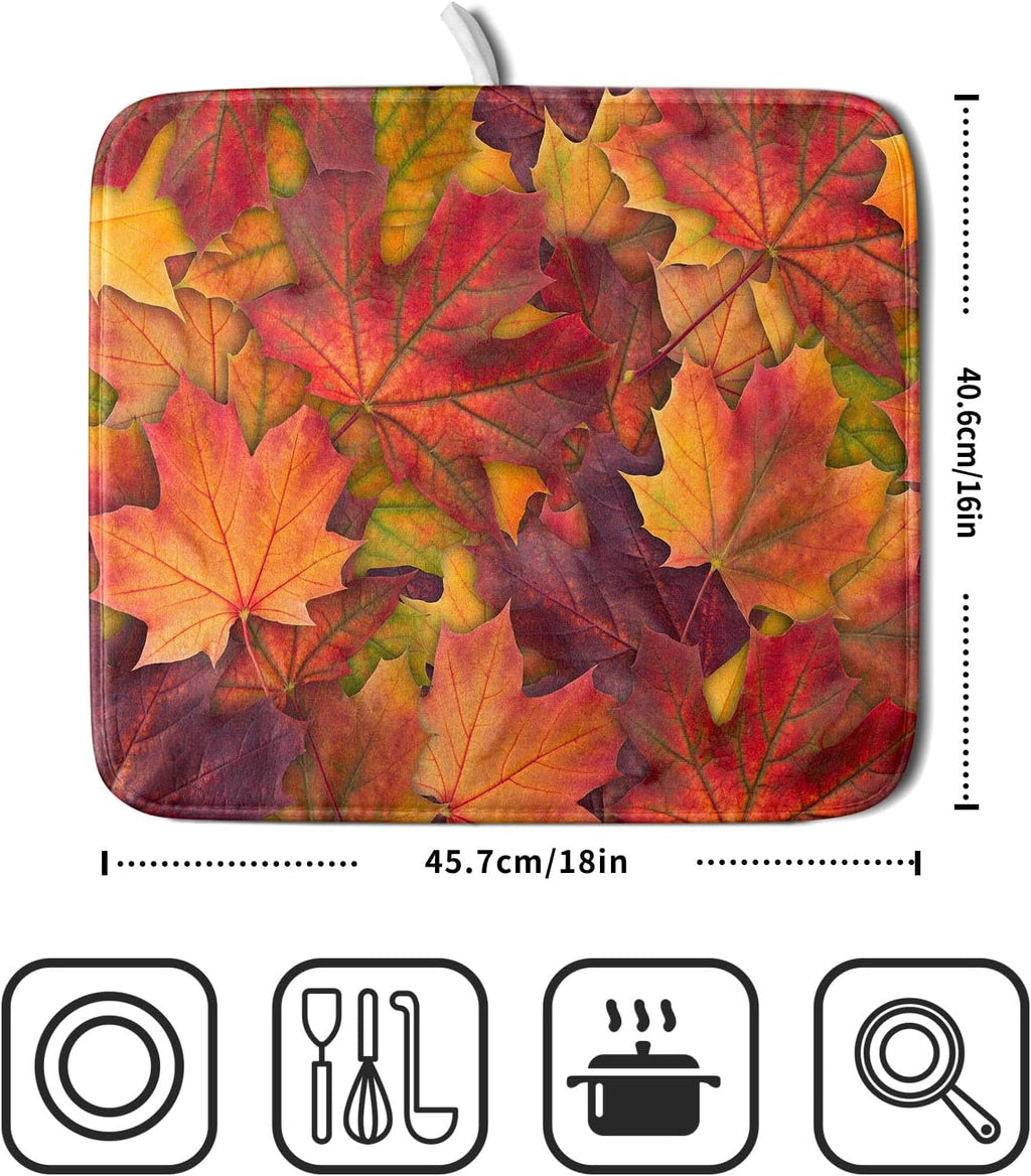 Colorful Autumn Maple Leaves Dish Drying Mat for Kitchen Counter Fall Drying Mat 16 x 18 Inch with Absorbent Reversible Microfiber Dish Drying Pad Dish Rack Drainer Mat for Coffee Bar