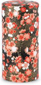 NOREN Japanese Tea Canister Tin (Yuzen Washi Paper - Plum/Black), 7.06oz Size/Made in JAPAN with Includes Inner Lid of Airtight Damp-Proof/Kitchen Jar for Loose Leaf Coffee Tea Spice and More