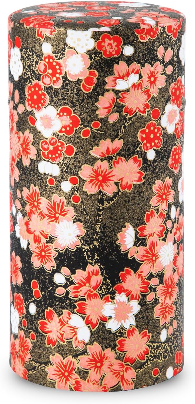 NOREN Japanese Tea Canister Tin (Yuzen Washi Paper - Plum/Black), 7.06oz Size/Made in JAPAN with Includes Inner Lid of Airtight Damp-Proof/Kitchen Jar for Loose Leaf Coffee Tea Spice and More