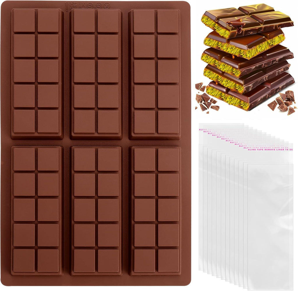 Mity rain Chocolate Bar Mold Deep, Silicone Thick Chocolate Bar Mold for Stuffed Bar, Square Knafeh Pistachio Chocolate Bar Break Apart Candy Bar Molds with 100pcs Storage Bags