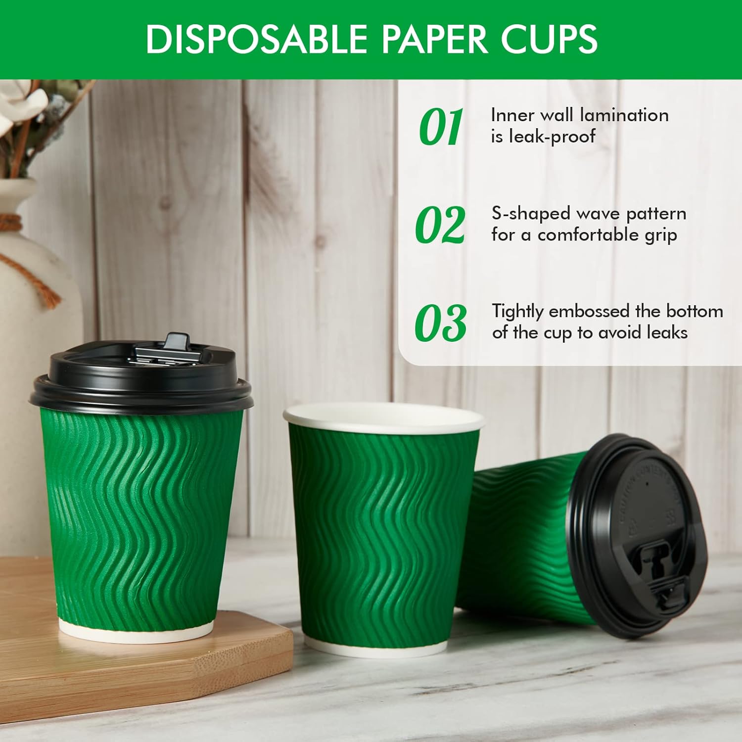 100 Count 8 OZ Coffee Cups with Lids, Insulated Ripple Wall Paper Hot Coffee Cups for Hot Drinks