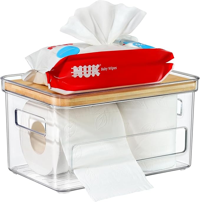 Acrylic Trash Bag Holder, Multi Purposes Clear Organizers and Storage with Bamboo Lid, Kitchen Paper Holder Stackable Toilet Tissue Storage