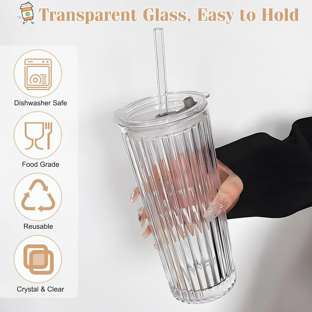 18oz Ribbed Glass Tumbler with Lid and Straw Set of 2: Leak-Proof Drinking Glasses to Go, Reusable Iced Coffee Cups for Cold Drinks, Juice, Smoothie, Glass Cups with Stylish Ribbed Design