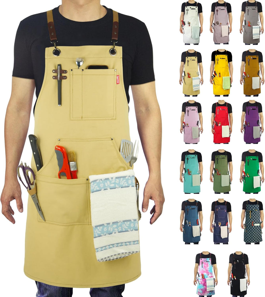 Kitchen Apron, Work Apron, Canvas, Multiple Pockets, Gardening, Painting, BBQ, Artist, Carpenter, Sizes M to XXL, Amber
