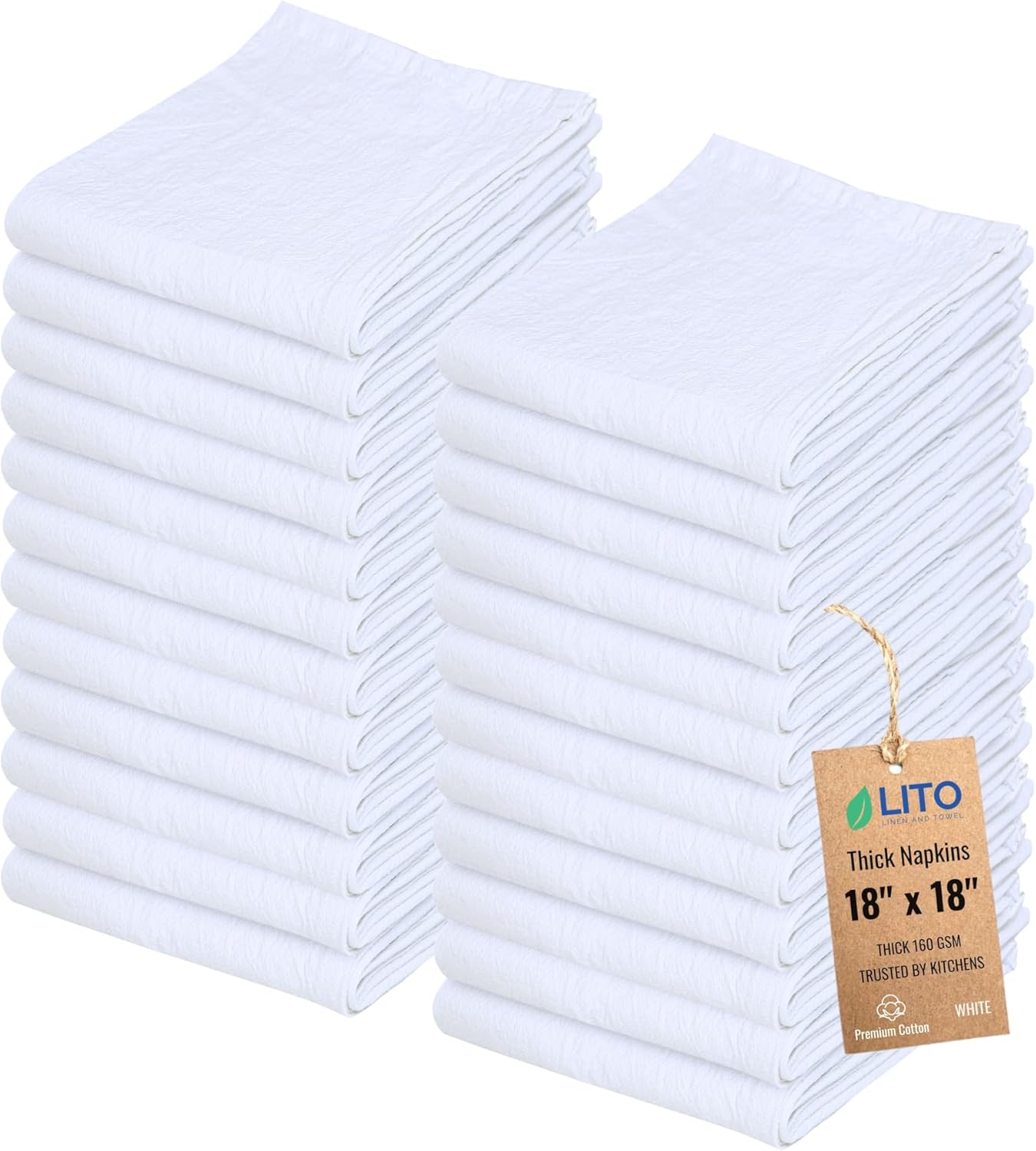 Thick Cotton Napkins – Flour Sack Napkin for Kitchen, Set of 24 (18"x18"), 100% Cotton, Highly Absorbent Hand Towels, Reusable Baking Cloths for Bread Proofing, Pastry & Tea Towels – White