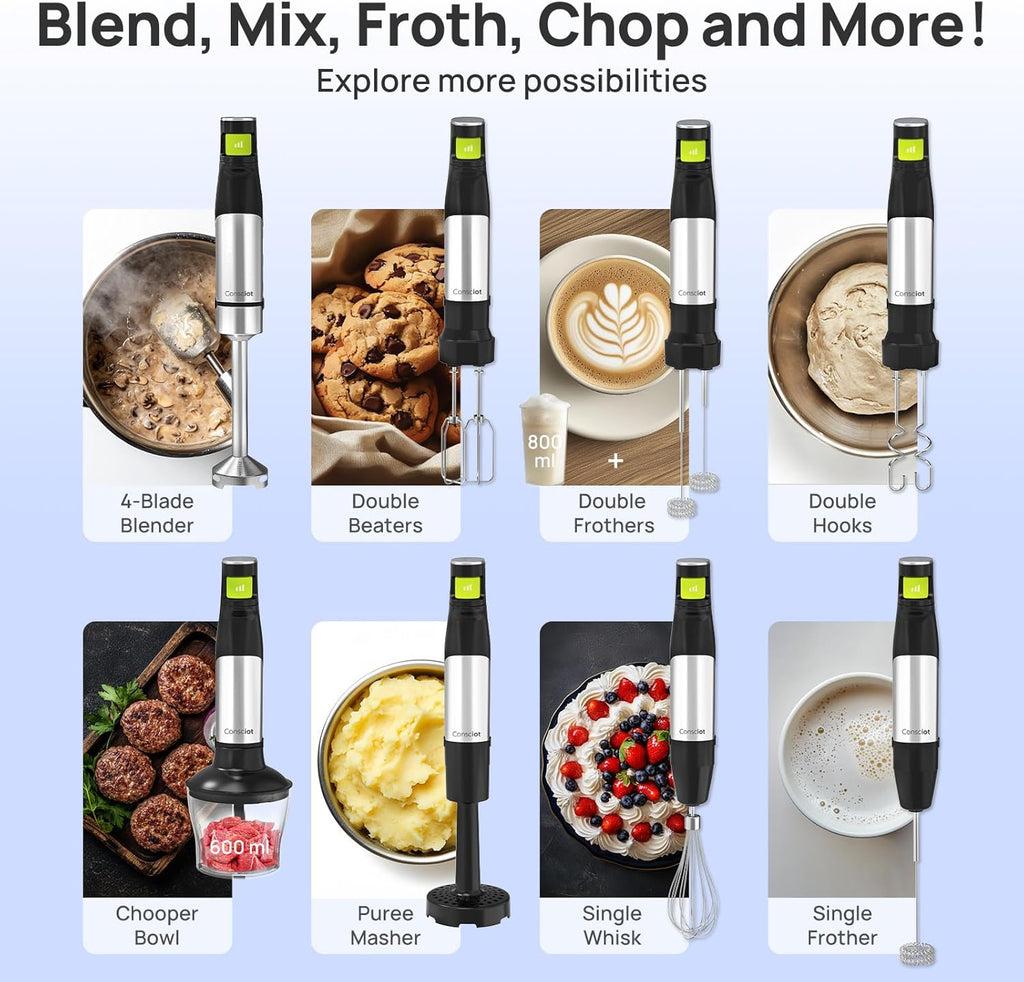 Consciot 10-in-1 Immersion Blender Handheld Max 1100W with Entire Stainless Steel Blender Shaft, Trigger Speed Control, 800ml Beaker, 600ml Chopper, Beaters, Frothers, Hooks, Masher, Whisk & 600ml Cup