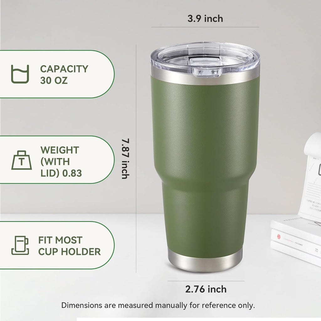 30 oz Tumbler with Lid Stainless Steel Tumblers Bulk Vacuum Insulated Cup Reusable Powder Coated Travel Mug Double Wall Leak Proof Cups Keep Cold Drinks for 12 Hours Army Green, Set of 4