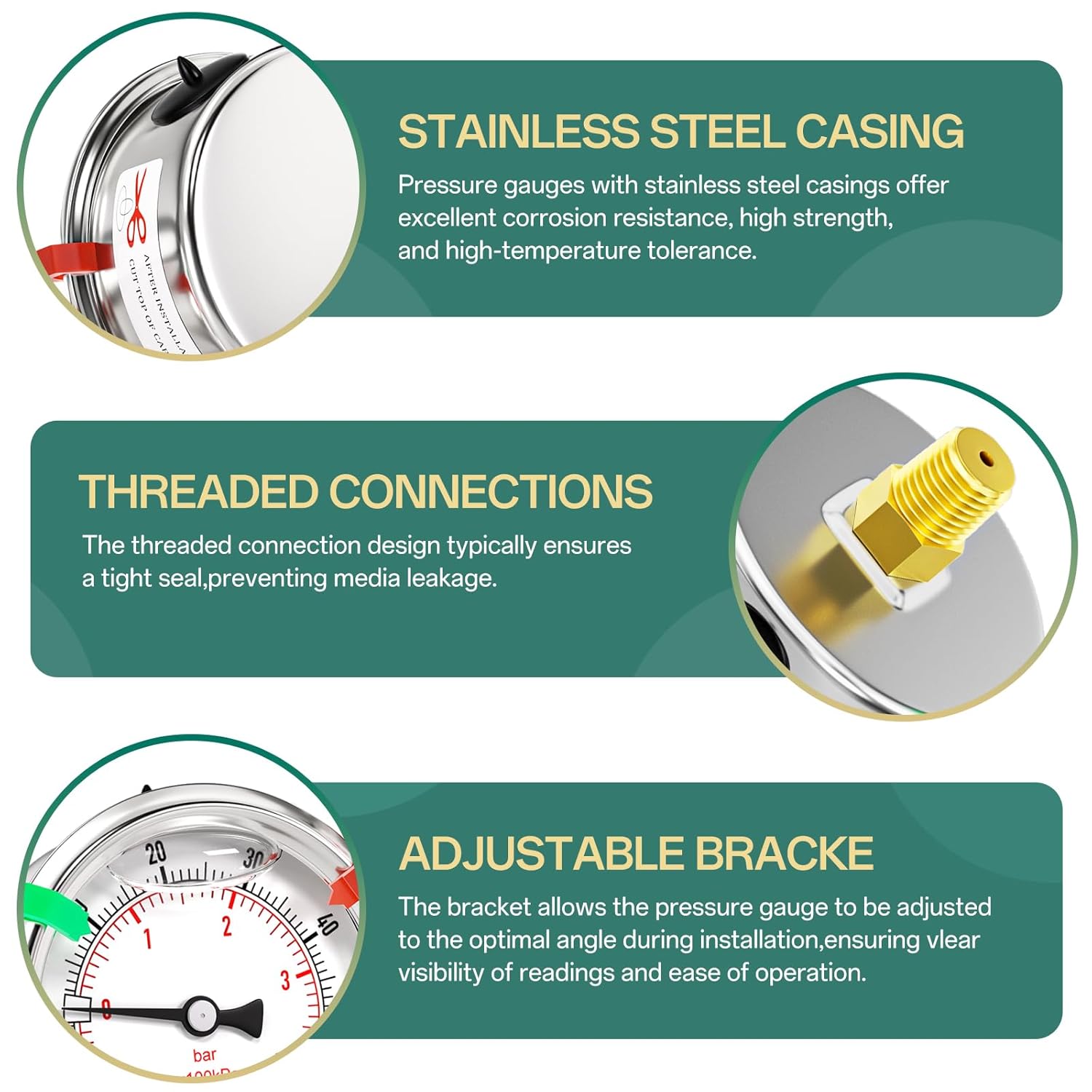 -30inHG-60PSI Stainless Steel Glycerin Liquid Filled Vacuum Pressure Gauge 2.5" Dial Size, 1/4" NPT Back Mount, for Water, Oil and Air Pressure Testing (with Range Mark Pointer)
