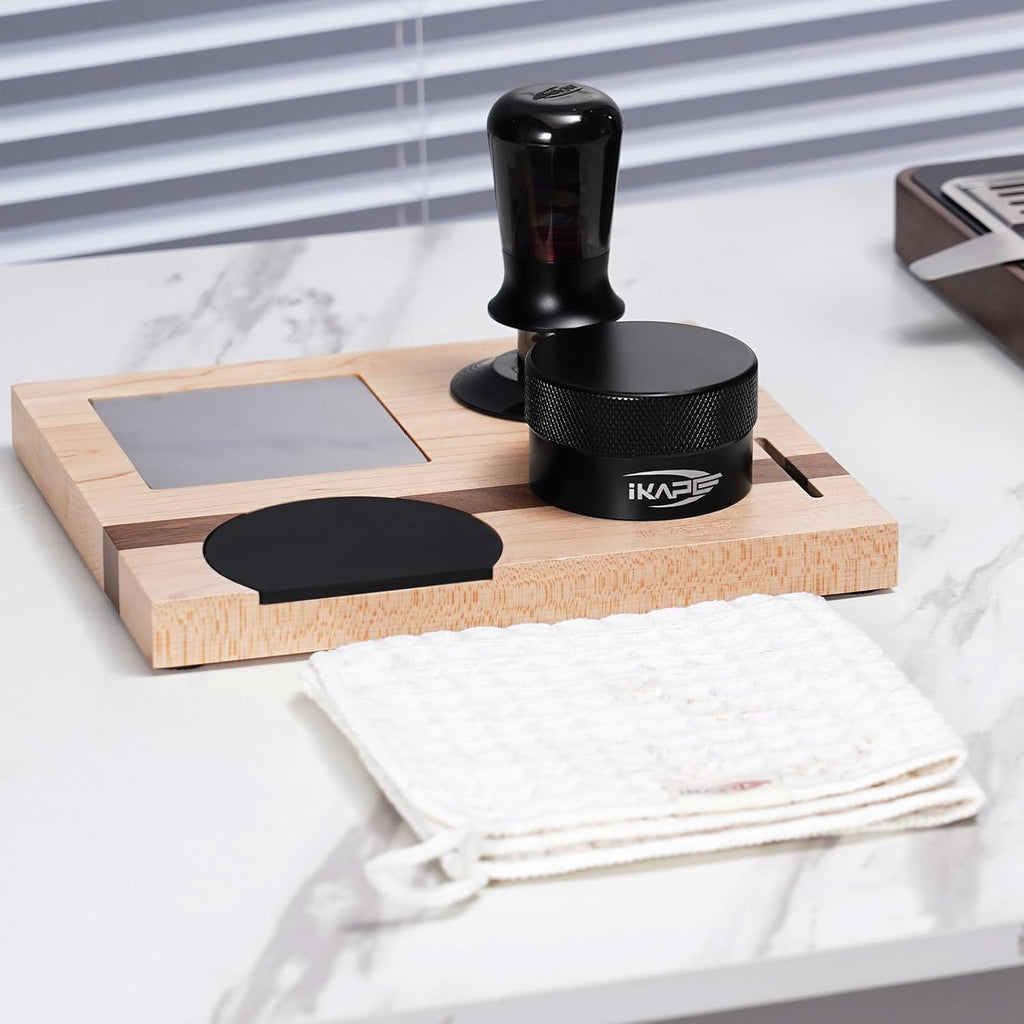IKAPE 58MM Espresso Tamper Kit 5 IN 1, Espresso Accessories Kit with Semi-Transparent Coffee Tamper, Distributor, Tamper Base, Cleaning Towel, Essential for Baristas