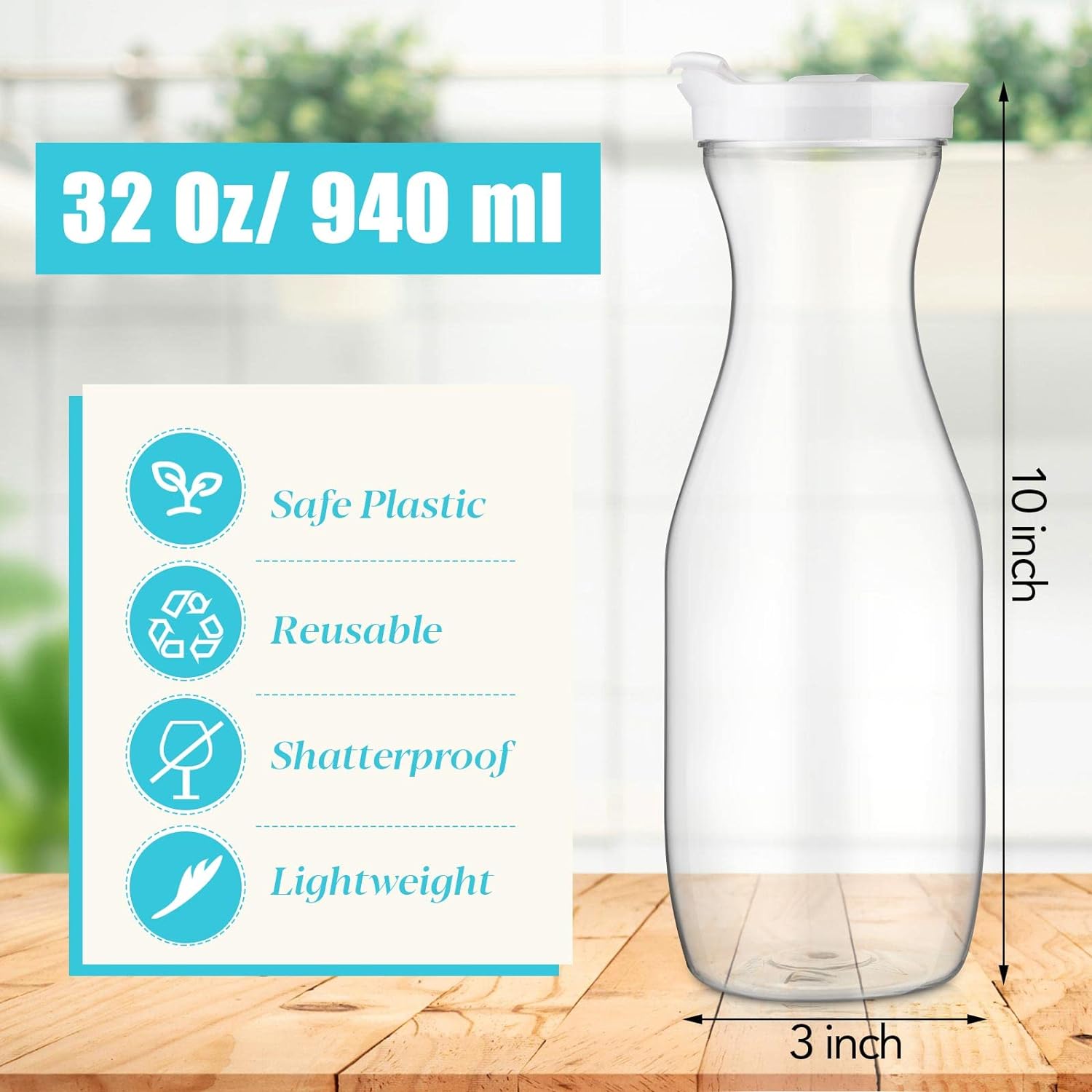 Gejoy 6 Pcs Plastic Water Carafe with Lids 32 oz Clear Juice Pitchers for Mimosa Bar Drinks Milk Iced Tea Beverage Containers for Home Restaurant School Fridge, Not Dishwasher Safe (White Cap)