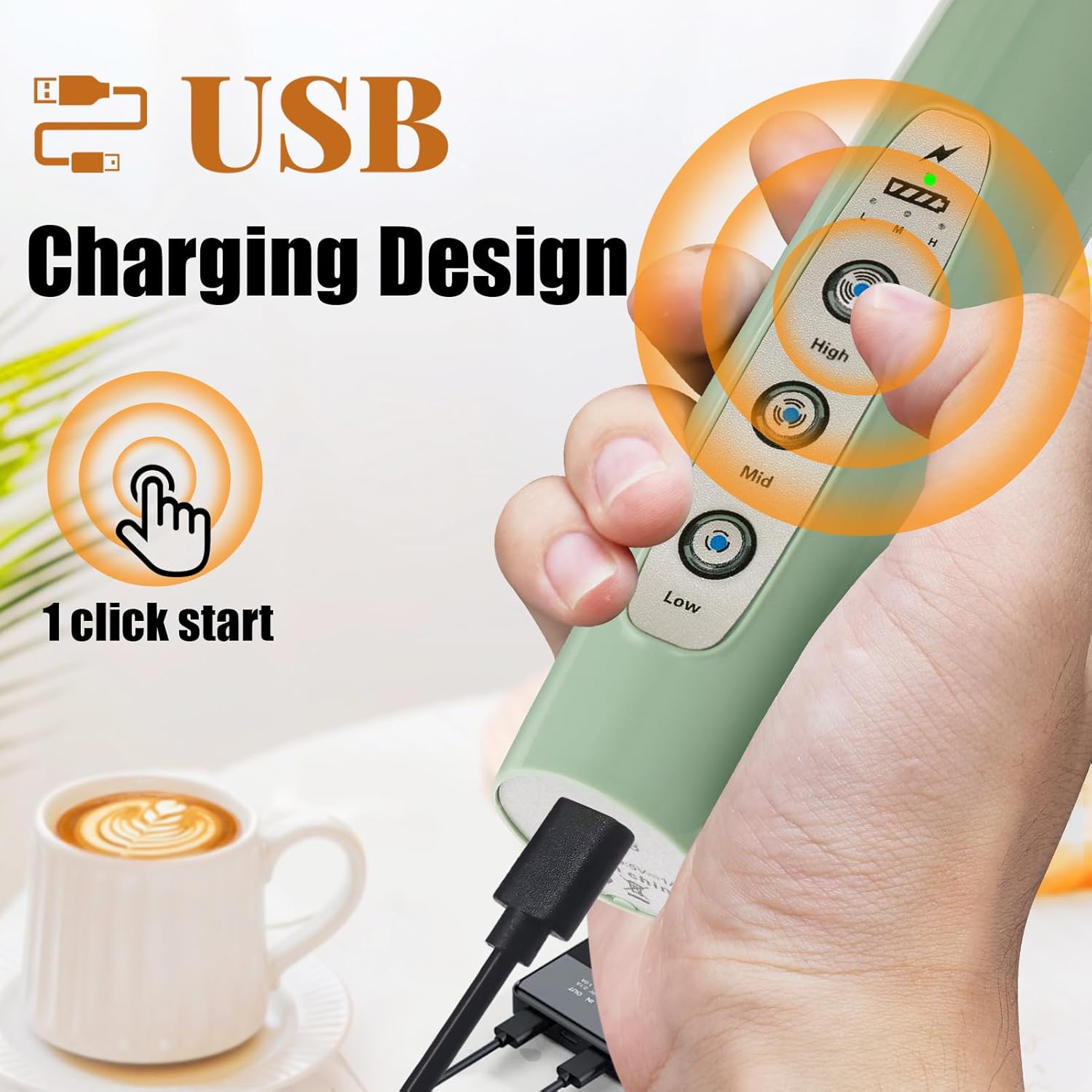 Nahida Granite Green Milk Frother Wand for Coffee, Frother Handheld Rechargeable Electric Whisk with 3 Heads 3 Speeds Drink Mixer Coffee Frother Foam Maker For Latte, Cappuccino, Hot Chocolate, Egg