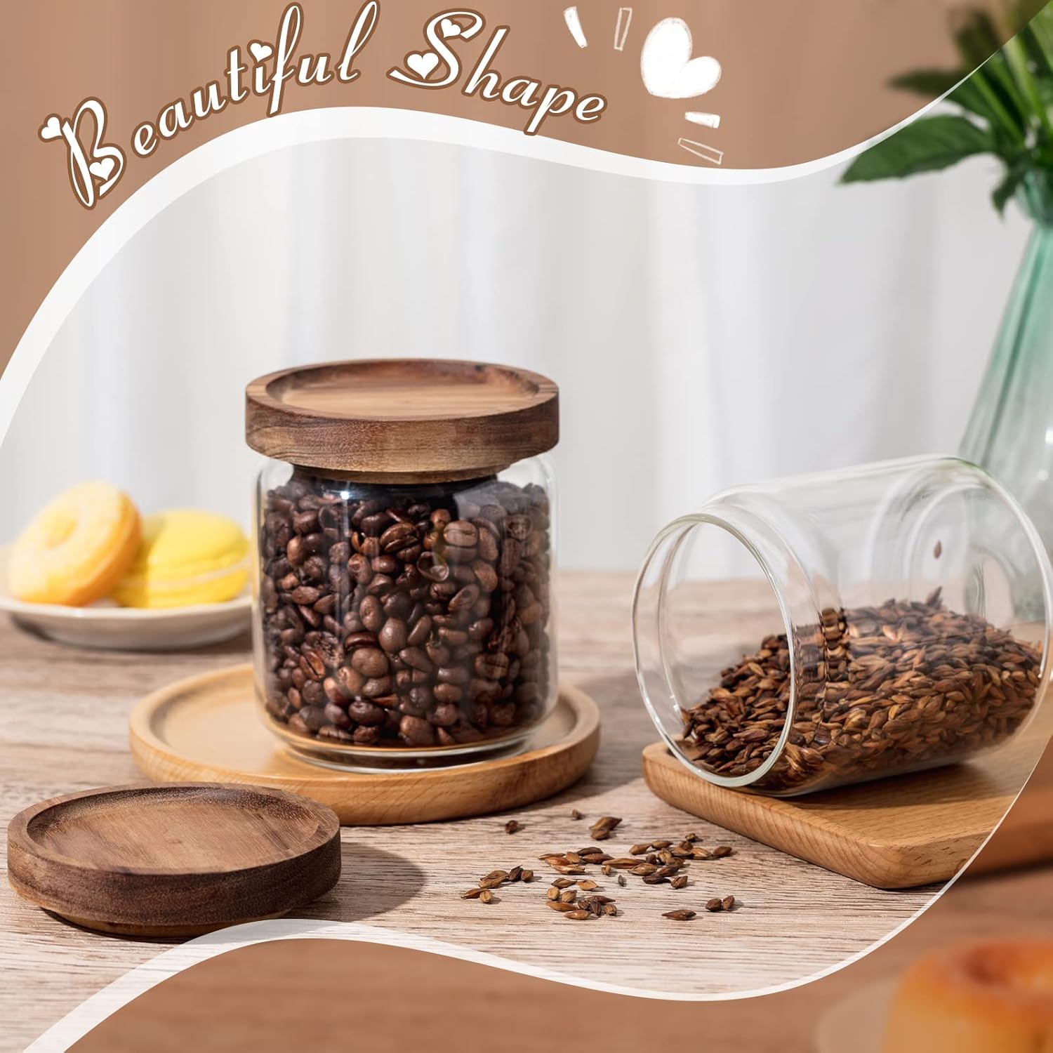 Irenare 16 Pcs 17 oz/ 500 ml Glass Canister Food Airtight Sealed Clear Borosilicate Glass Storage Jars with Lids Kitchen Spice Containers for Serving Coffee Sugar Tea Beans Candy Nuts Pantry (Wood)