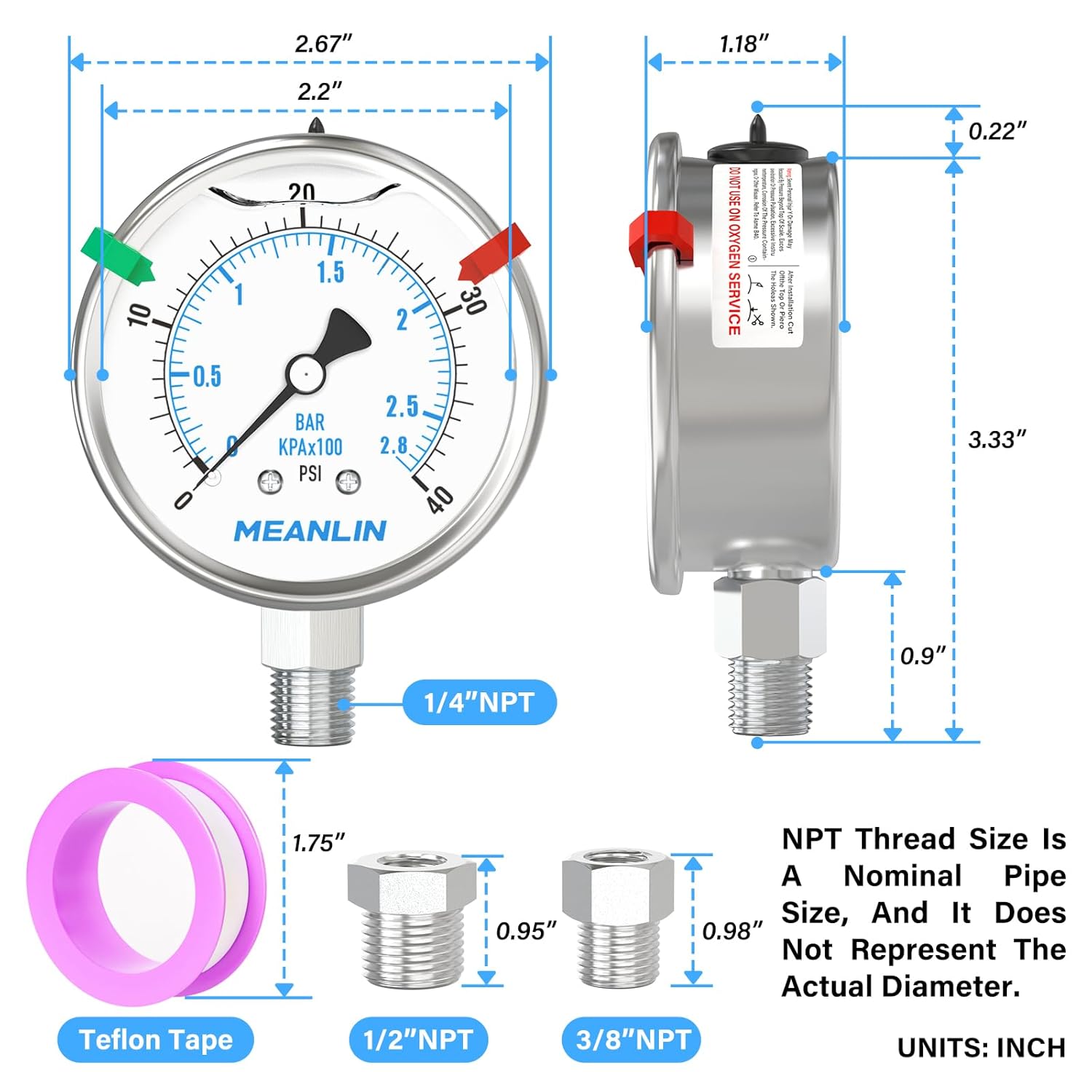 MEANLIN MEASURE 0~40Psi Stainless Steel Liquid Filled Pressure Gauge 2.5" FACE DIAL 1/4" NPT for Pool Sand Filter Water Oil Air Pressure Test Lower Mount with Stainless Steel Hex Bushing and Snaps