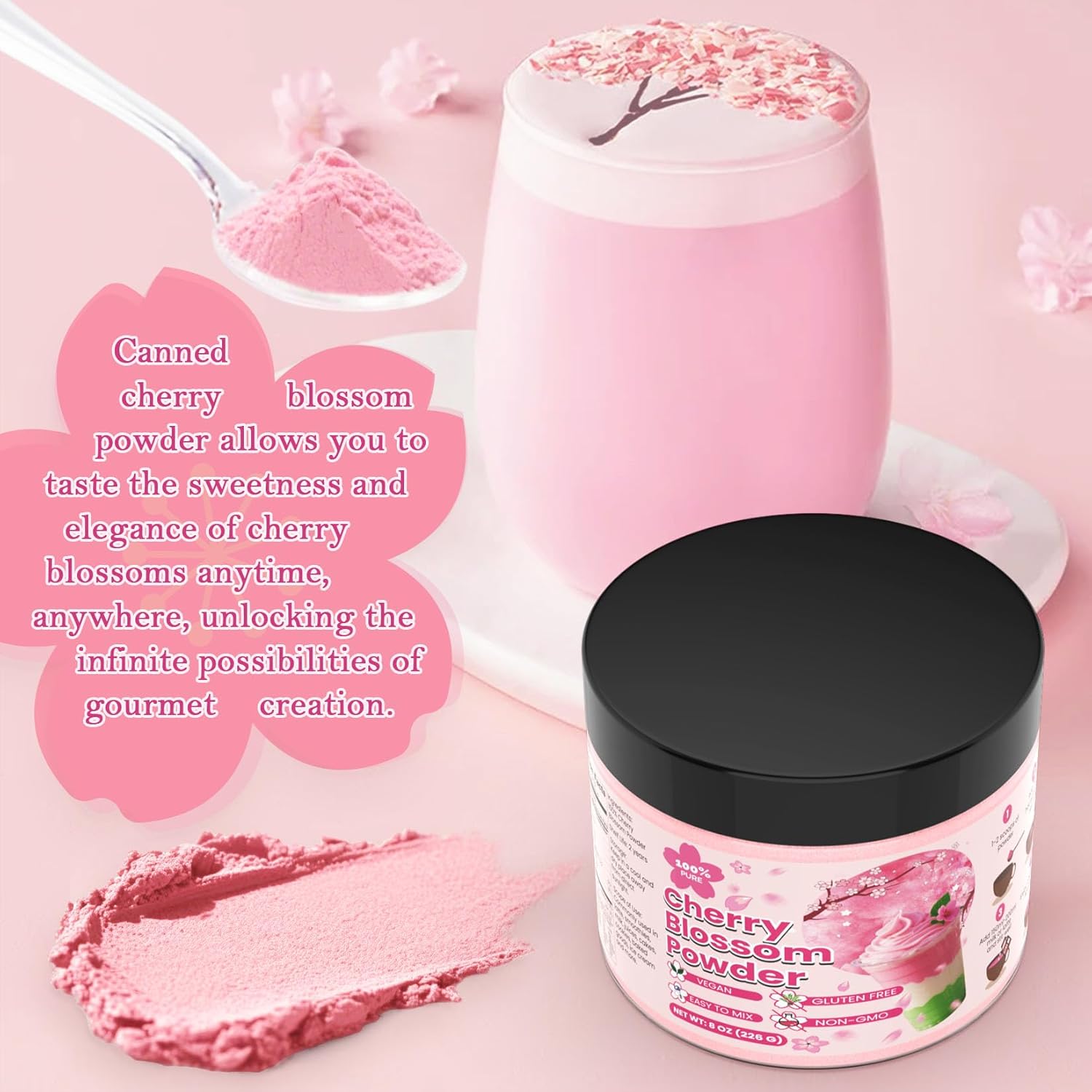 Cherry Blossom Powder - 8oz No Additive Sakura Powder for Baking, 100% Spring Season Cherry Blossom, Pink Color Natural Food Coloring, Perfect for Latte, Smoothies, Drinks - Vegan, Gluten Free