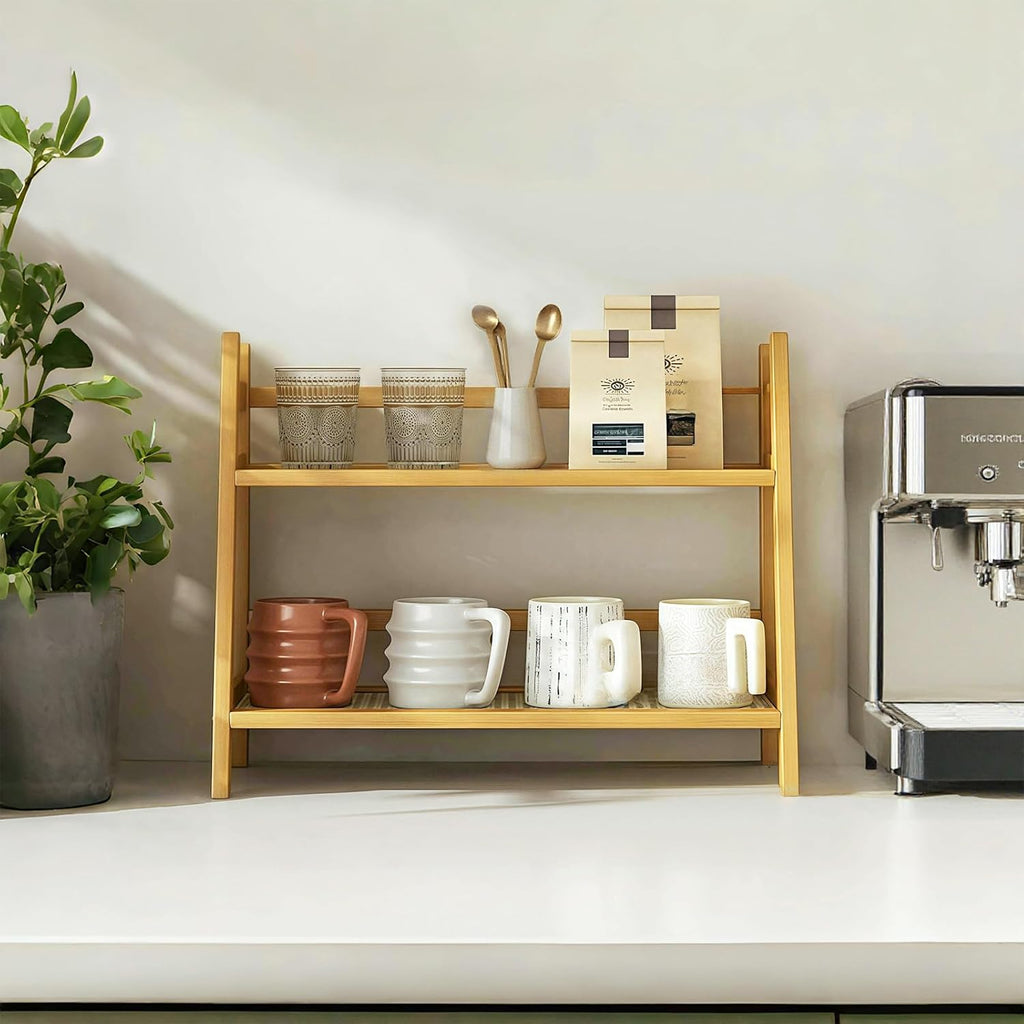 Wicker-Look Coffee Station Organizer, Bamboo Mug Holder Countertop, Kitchen Counter Shelf for Tea Coffee Bar Accessories, Matcha Stand, Cup Display, Condiment Storage Rack, 2 Tier