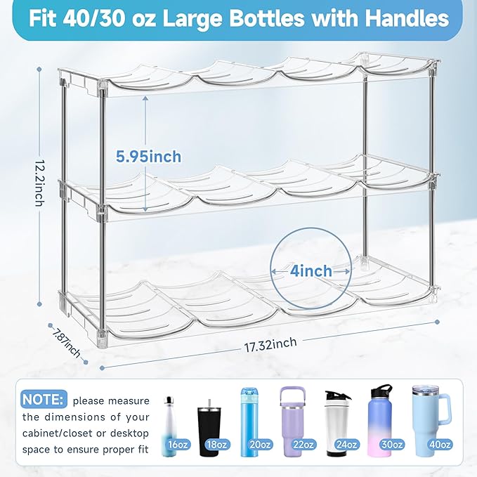 Larger Water Bottle Organizer for Stanley 40 oz Tumbler, Stackable Water Bottle Holder Rack for Cabinet, Kitchen Storage Organizer for for Stanley Cup Accessories, Tumbler Storage Holder, 3 Pack
