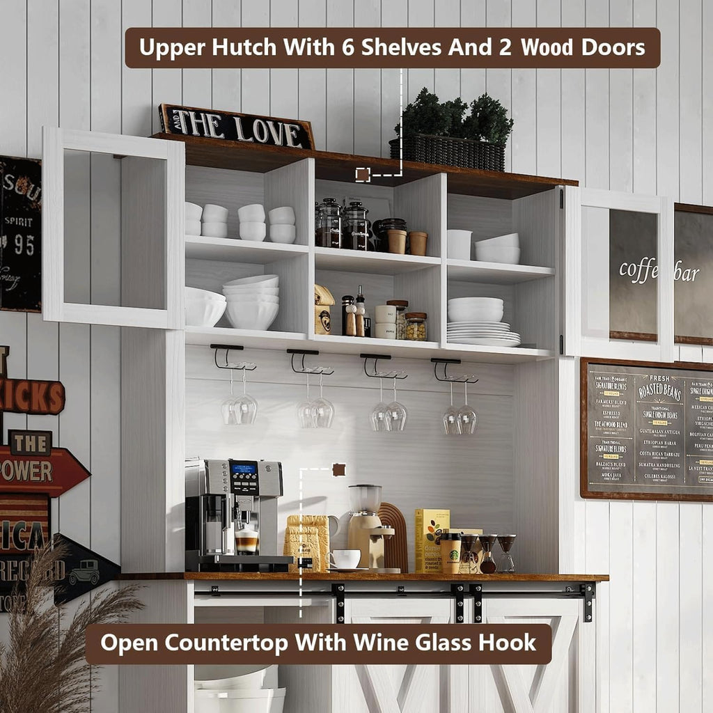 4ever2buy Farmhouse Coffee Bar Cabinet with 2 Glass Doors, 72'' White Bar Cabinet with Sliding Barn Door, Tall Wine Bar with 9 Racks, Coffee Bar Hutch with Storage for Living Room