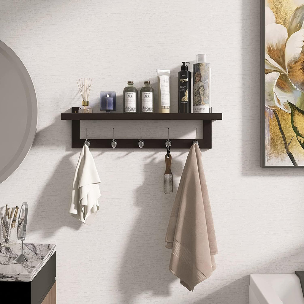 SMIBUY Coat Hooks with Shelf Wall-Mounted, 29.2 Inch Entryway Coat Rack for Wall, Bamboo Hanging Shelf with 5 Double Metal Hooks for Bathroom, Bedroom, Kitchen, Living Room, Mudroom (Dark Brown)