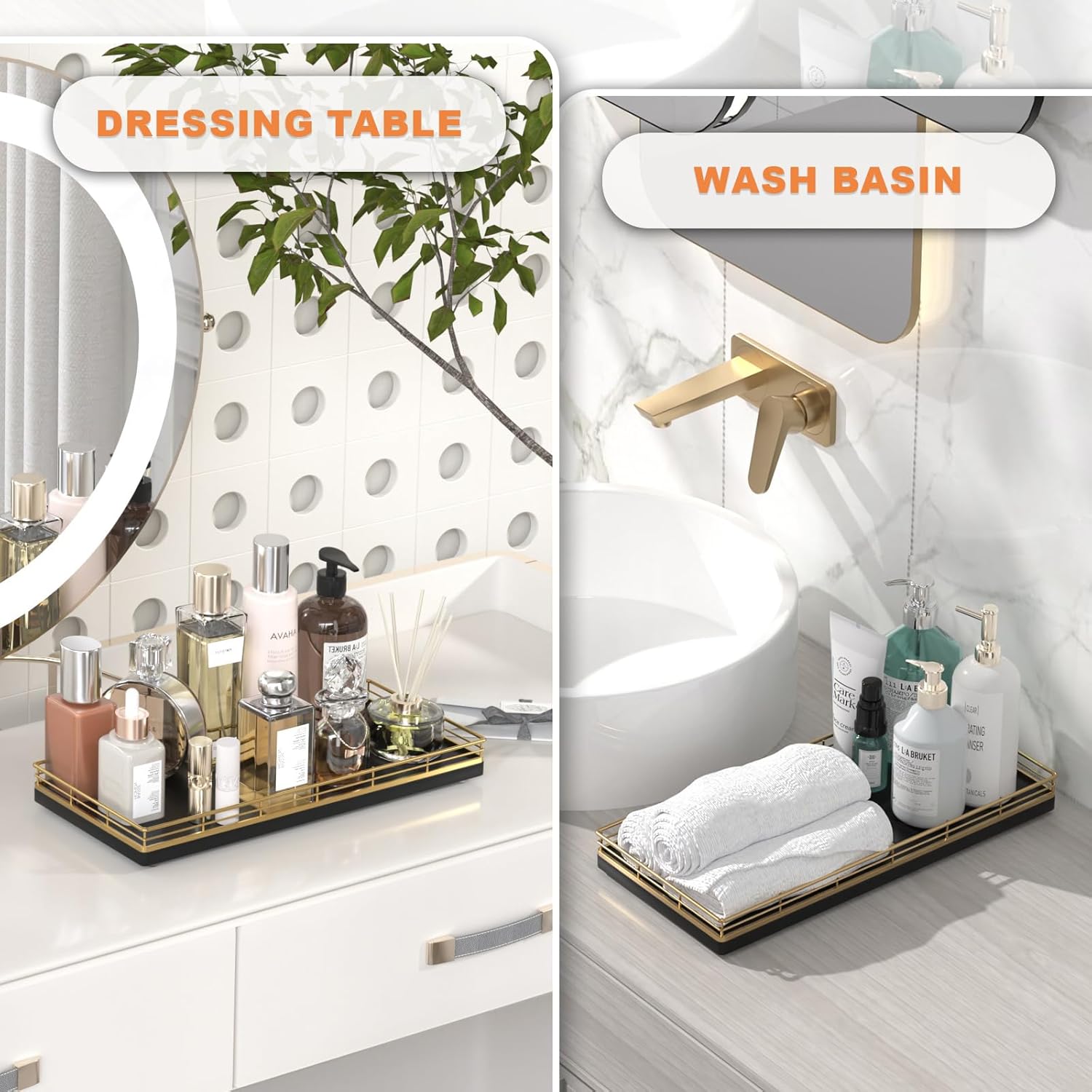 Oak Bathroom Toilet Tank Tray, 13" Paper Storage Basket Tray Back of Toilet Basket Organizer, for Perfume Makeup Candle Kitchen Counter Coffee Table Gold Decor