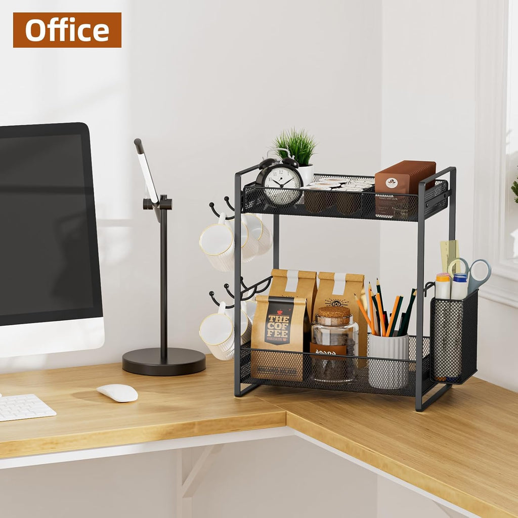 VITVITI Coffee Bar Organizer with Mug Holder, Metal Coffee Station Organizer for Countertop, 2 Tier Cup Mug Holders Rack with Basket for Kitchen Office, Black