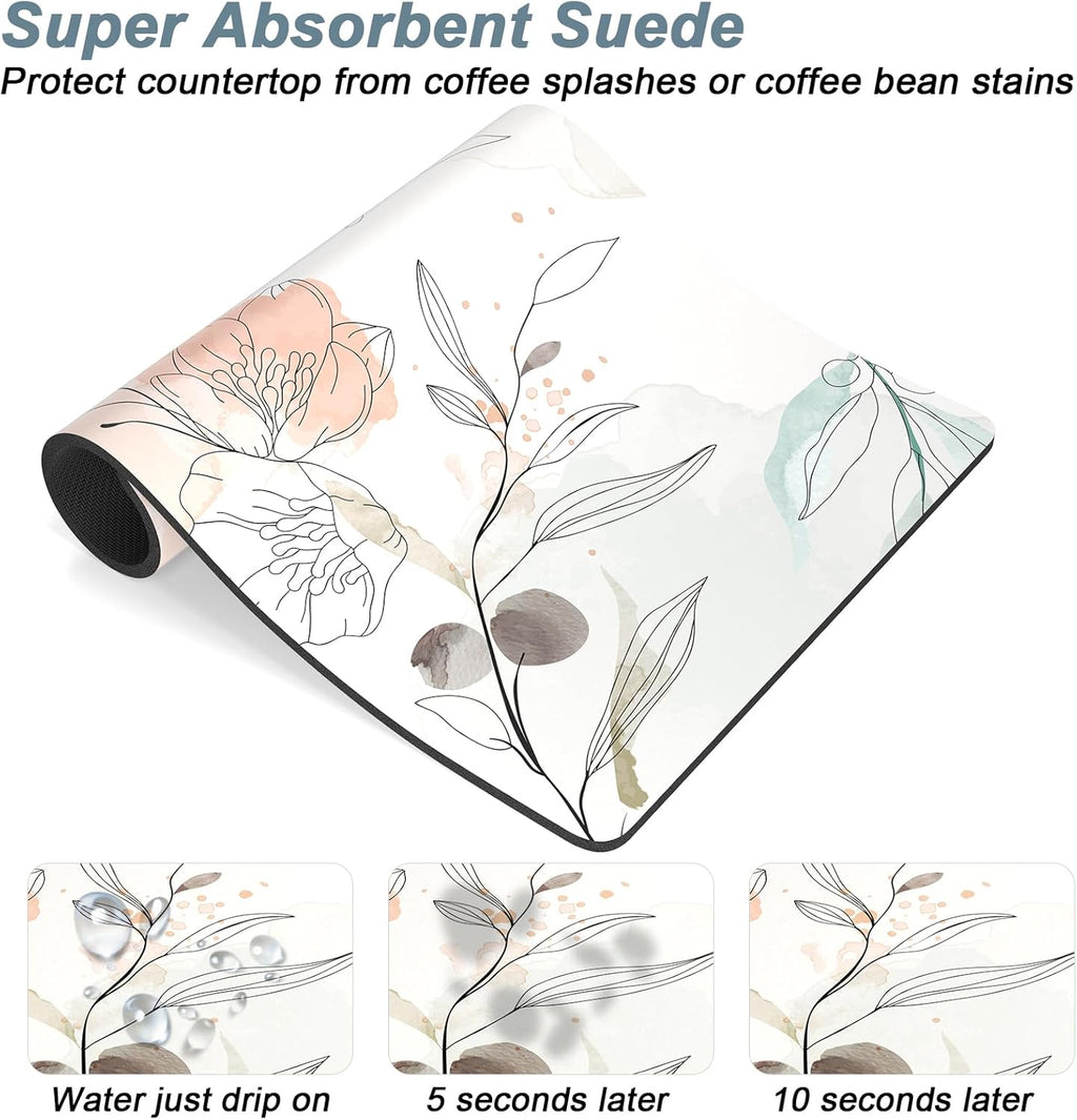 Rnivvi Coffee Mat, 12" x 19" Cute Coffee Bar Mats for Espresso Machine Station Accessories and Organizer, Hide Stain Rubber Backed Absorbent Dish Drying Pad for Kitchen Counter, Watercolor Flowers
