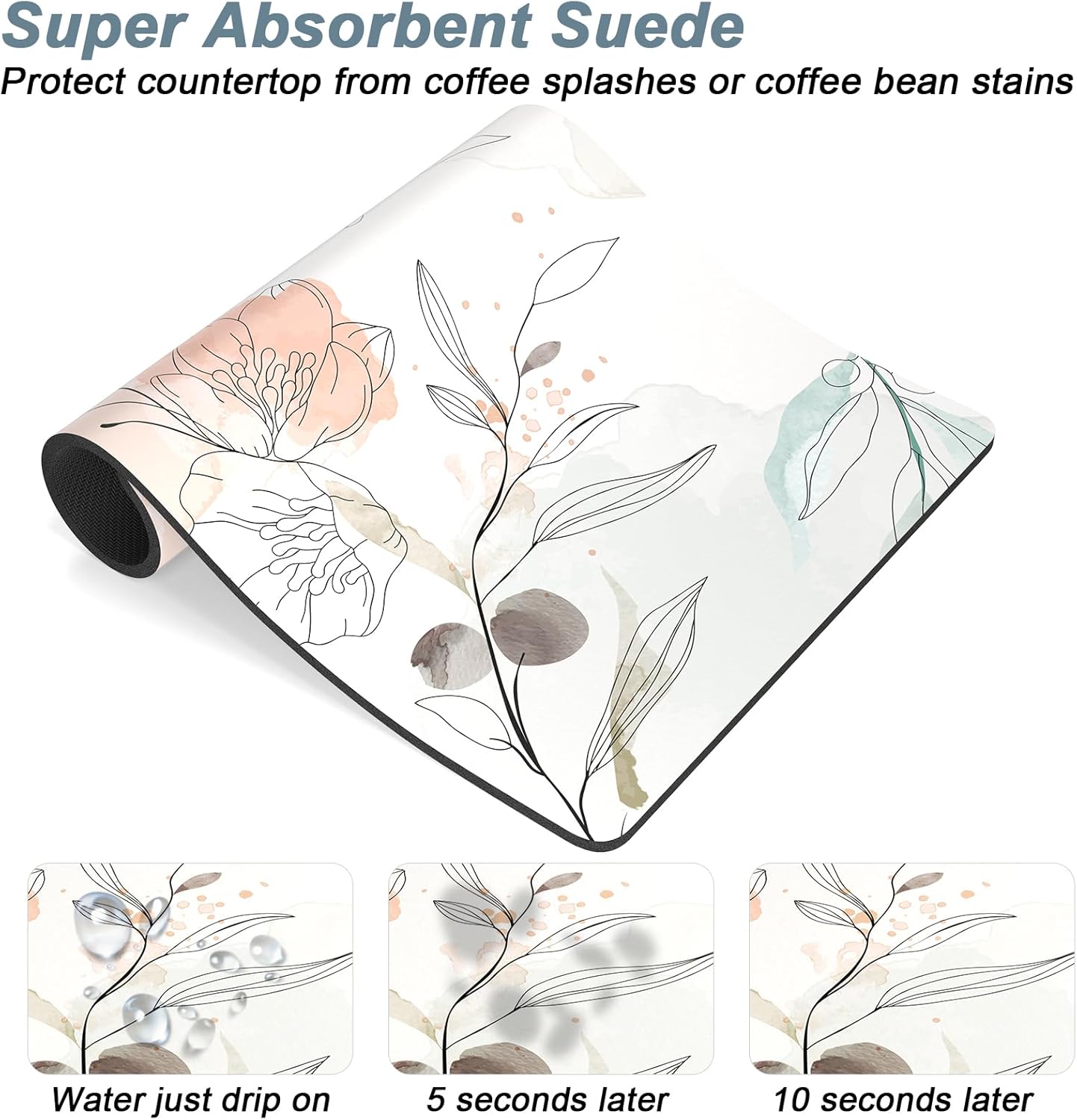 Rnivvi Coffee Mat, 12" x 19" Cute Coffee Bar Mats for Espresso Machine Station Accessories and Organizer, Hide Stain Rubber Backed Absorbent Dish Drying Pad for Kitchen Counter, Watercolor Flowers