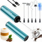 Rechargeable Milk Frother Handheld Electric Frother Wand Milk Foamer Drink Mixer for Coffee, Lattes, Cappuccino, and Egg, Stainless Steel for Travel-Light Blue